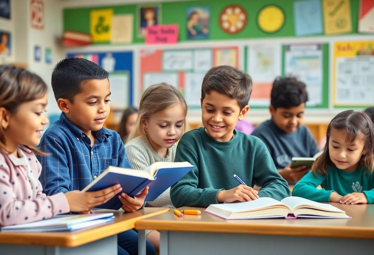 Students in a classroom actively participating in reading and math activities in D.C. schools.