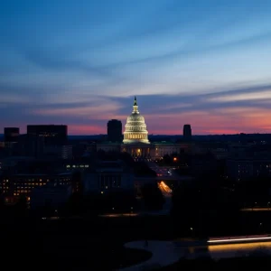 Dramatic skyline of Washington D.C. representing political tension