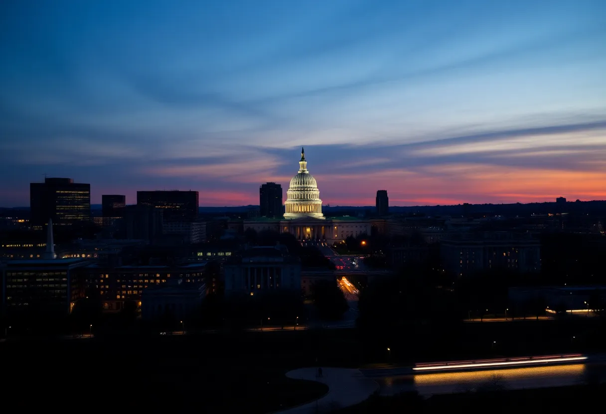 Dramatic skyline of Washington D.C. representing political tension
