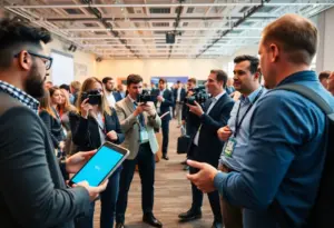 Attendees at the Disruptor Media Showcase discussing media innovation.
