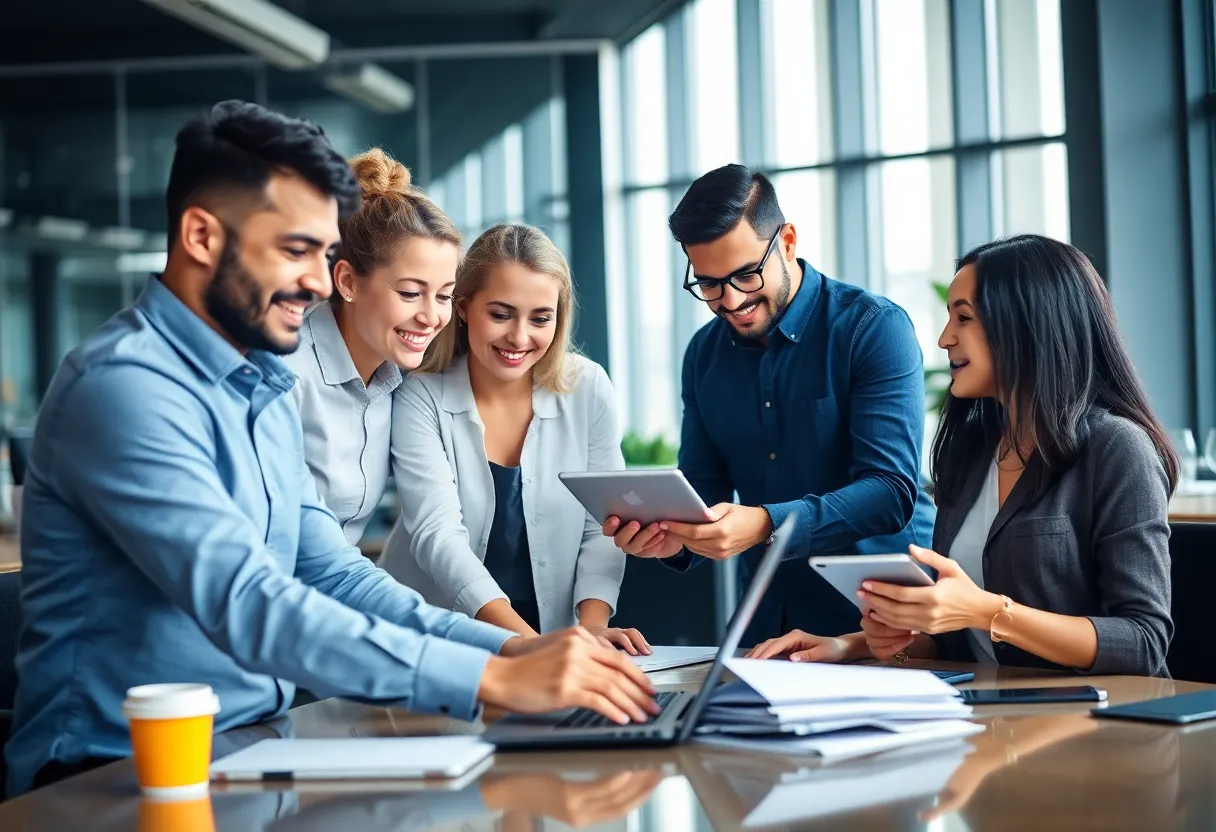 A group of diverse professionals collaborating in a modern office setting
