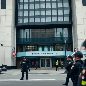 DNC headquarters with police presence indicating a security alert