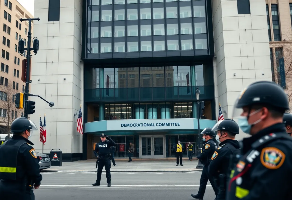 DNC headquarters with police presence indicating a security alert
