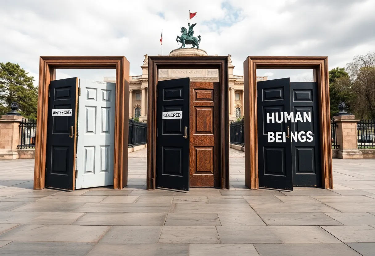 Art installation featuring doors labeled with discriminatory phrases