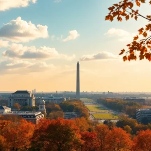 Sunny fall day in Washington D.C. with colorful leaves and clear skies.