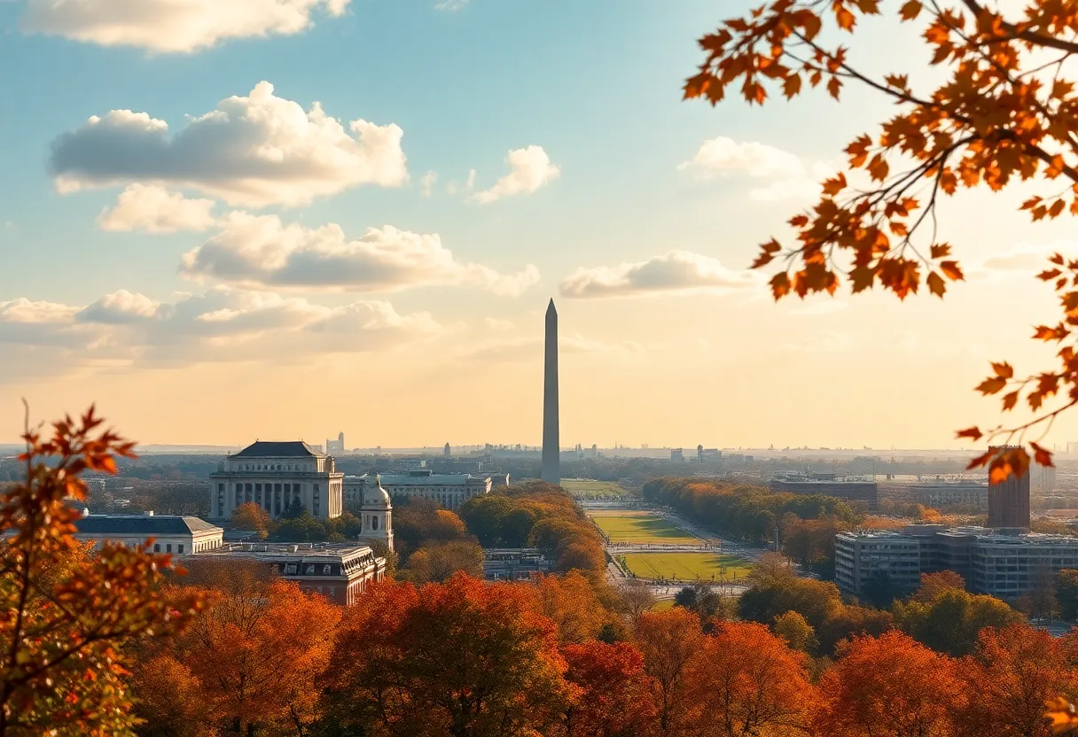 Sunny fall day in Washington D.C. with colorful leaves and clear skies.