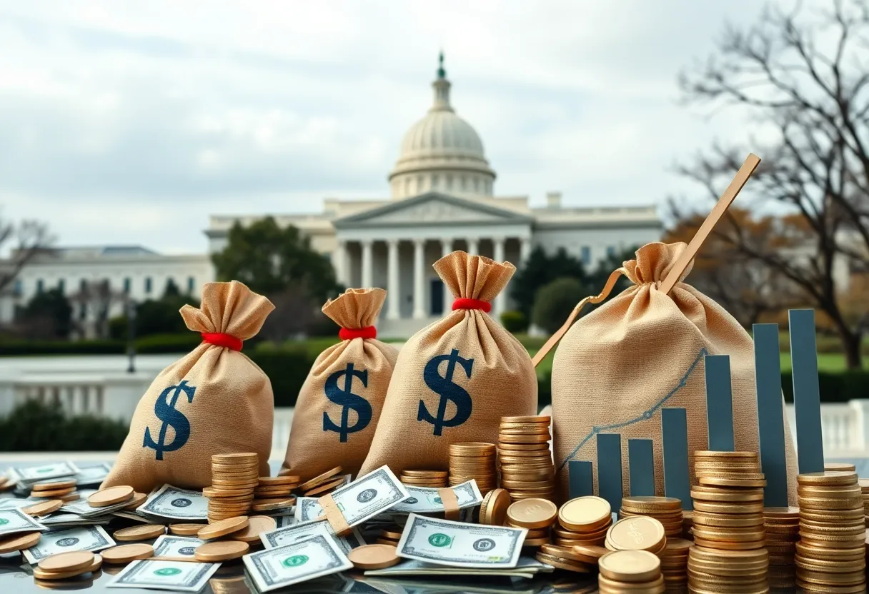 Symbolic representation of financial growth and political implications in Washington DC.