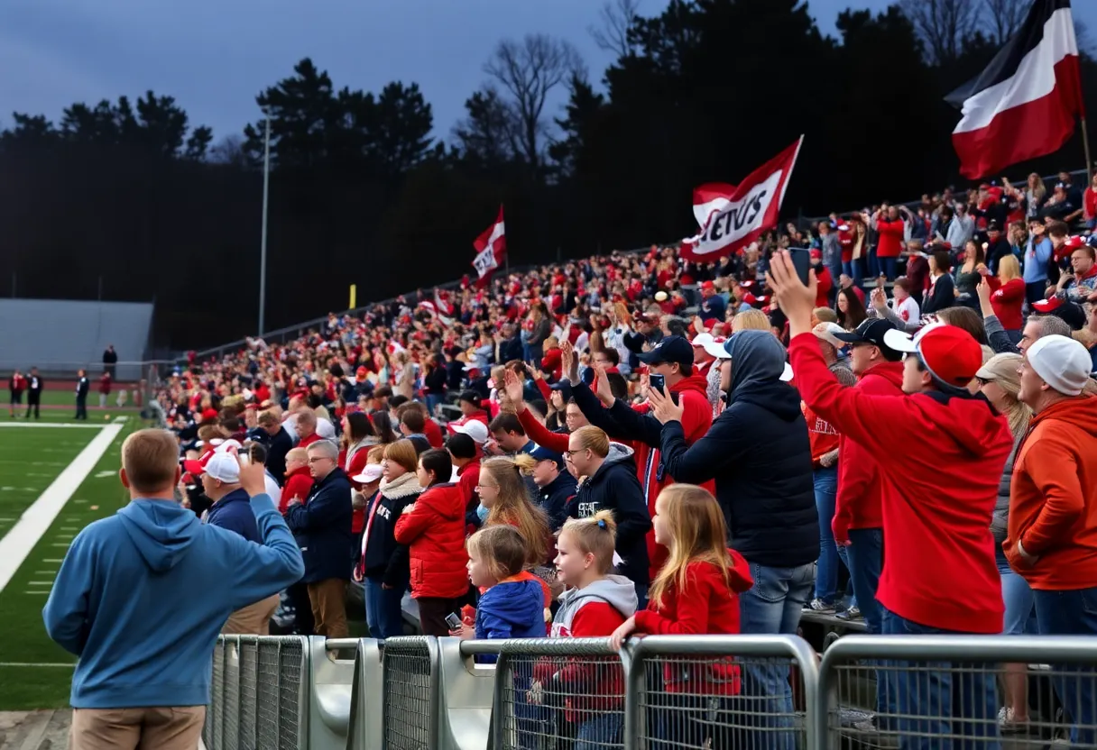 Fans cheering at a high school football game