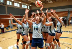 Georgetown University volleyball team celebrating their first win