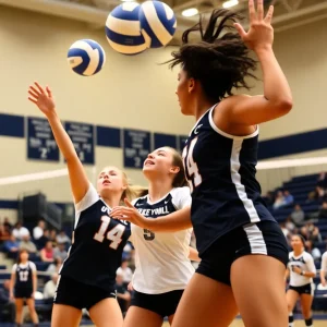 Action shot of Georgetown University volleyball team during a match