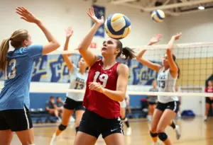 Players from George Washington University volleyball team competing in a match