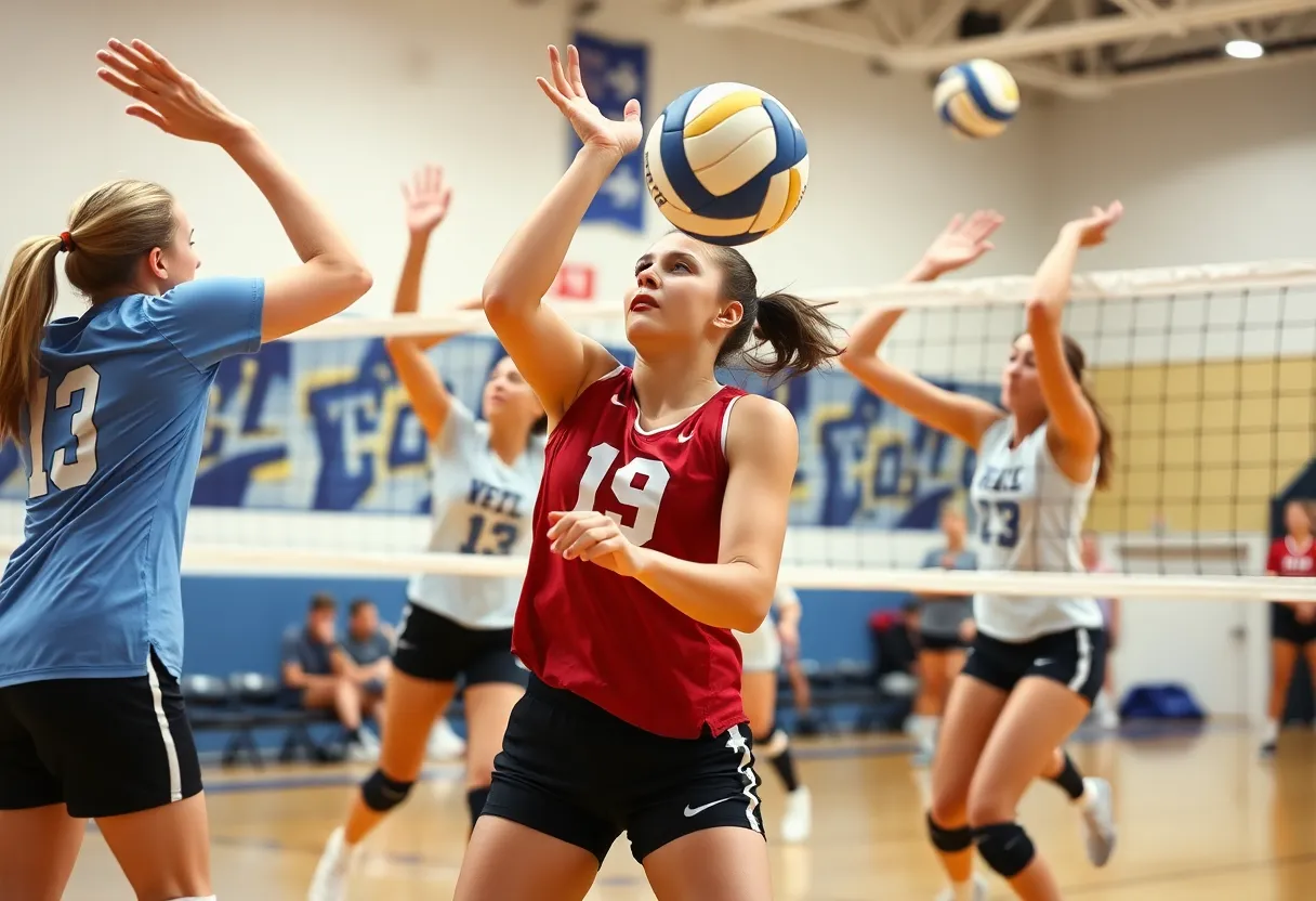 Players from George Washington University volleyball team competing in a match