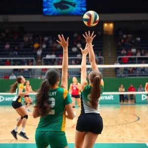 Action shot of George Washington University volleyball team in a match.