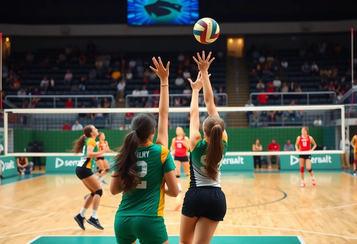 Action shot of George Washington University volleyball team in a match.