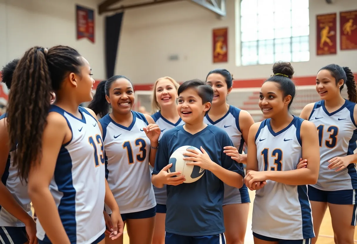 George Washington University volleyball team supporting a young fan during a match