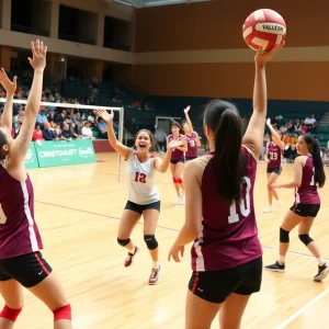 George Washington University women's volleyball team competing in a match