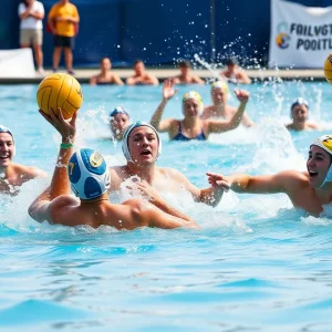 A university water polo team competing in a tournament, showcasing athleticism and teamwork.