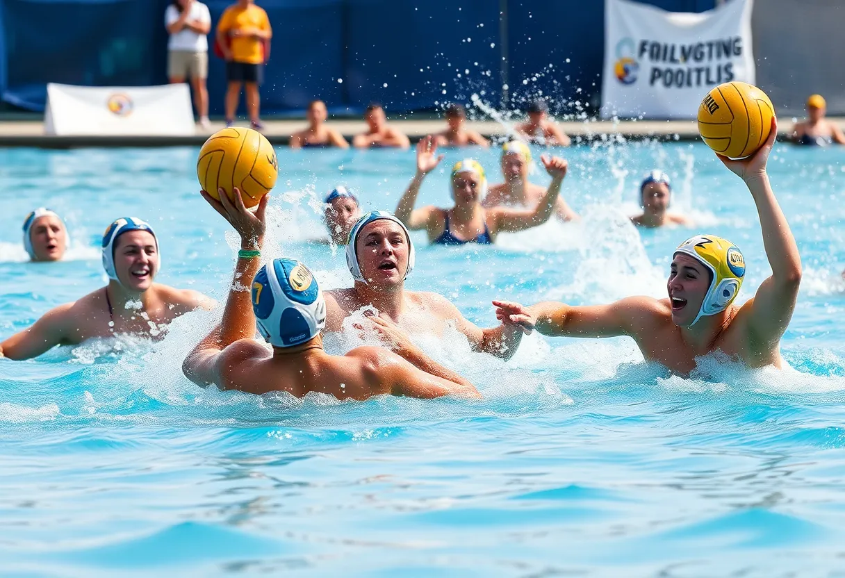 A university water polo team competing in a tournament, showcasing athleticism and teamwork.