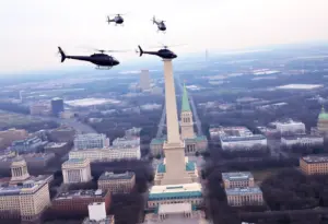 Helicopters circling over the Washington D.C. skyline