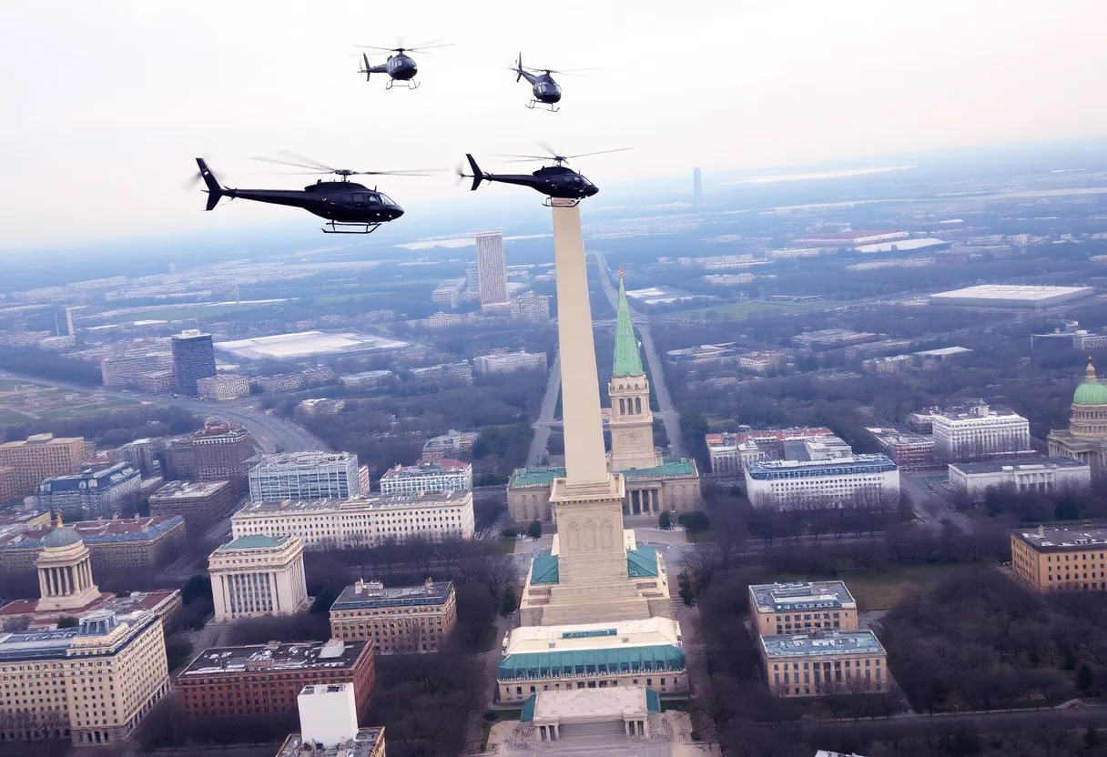 Helicopters circling over the Washington D.C. skyline