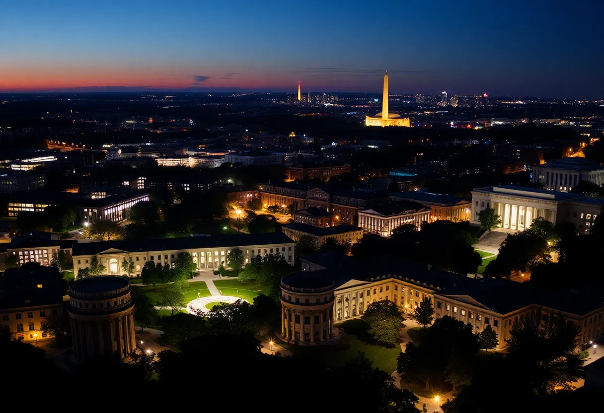 Washington D.C. campus at night, symbolizing safety and vigilance.