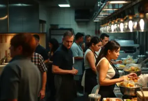 Illustration of a tense restaurant kitchen environment reflecting concerns of employees.