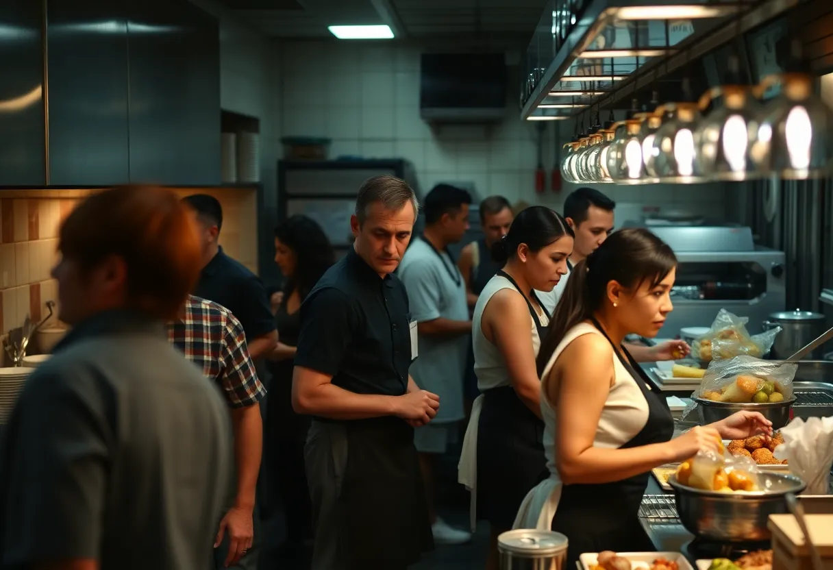 Illustration of a tense restaurant kitchen environment reflecting concerns of employees.