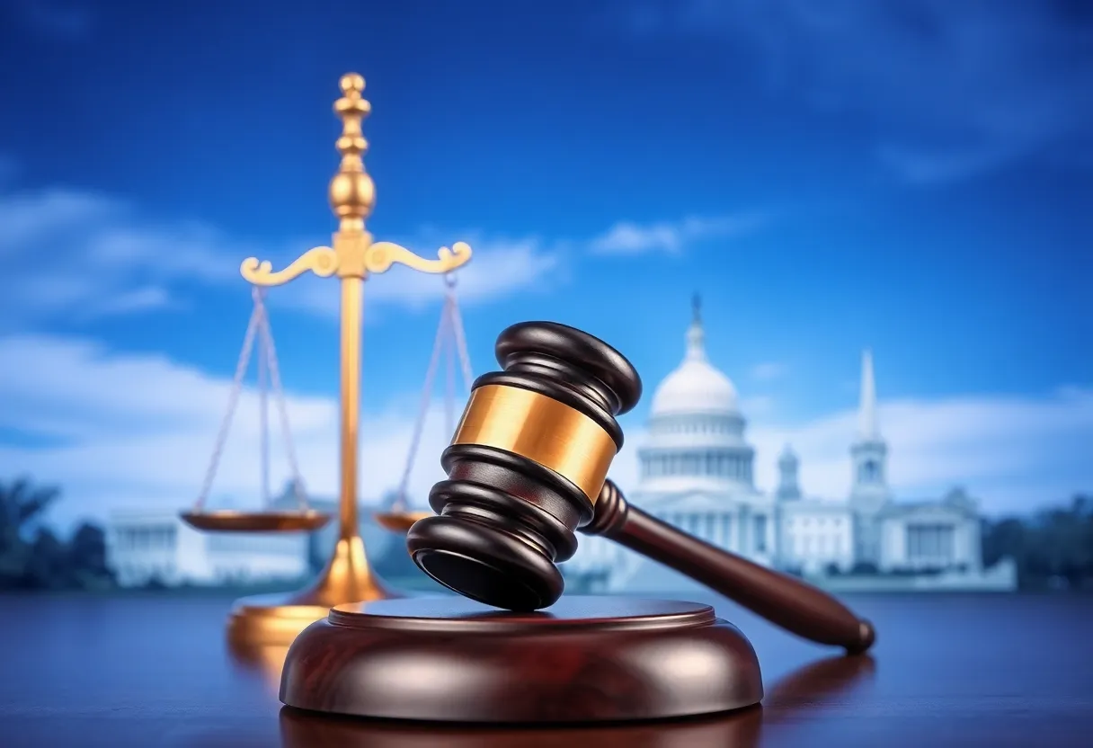 Symbolic representation of justice with scales and gavel in front of Washington, D.C. landmarks