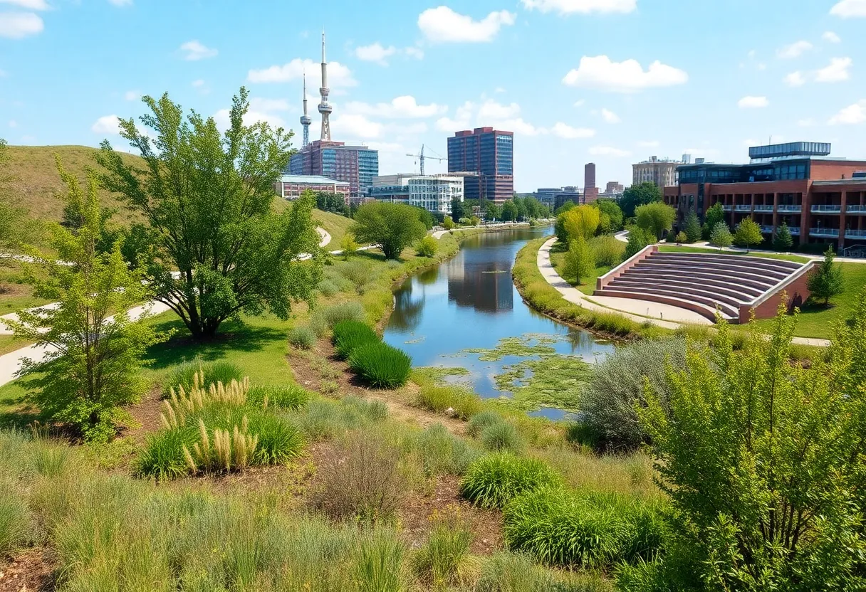 Restored natural habitat along Anacostia River with trees and amphitheater