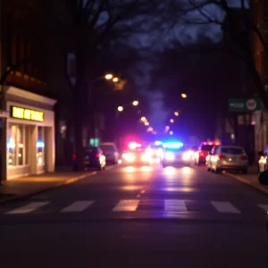 Police lights illuminating a street in Washington D.C. during a crime investigation.