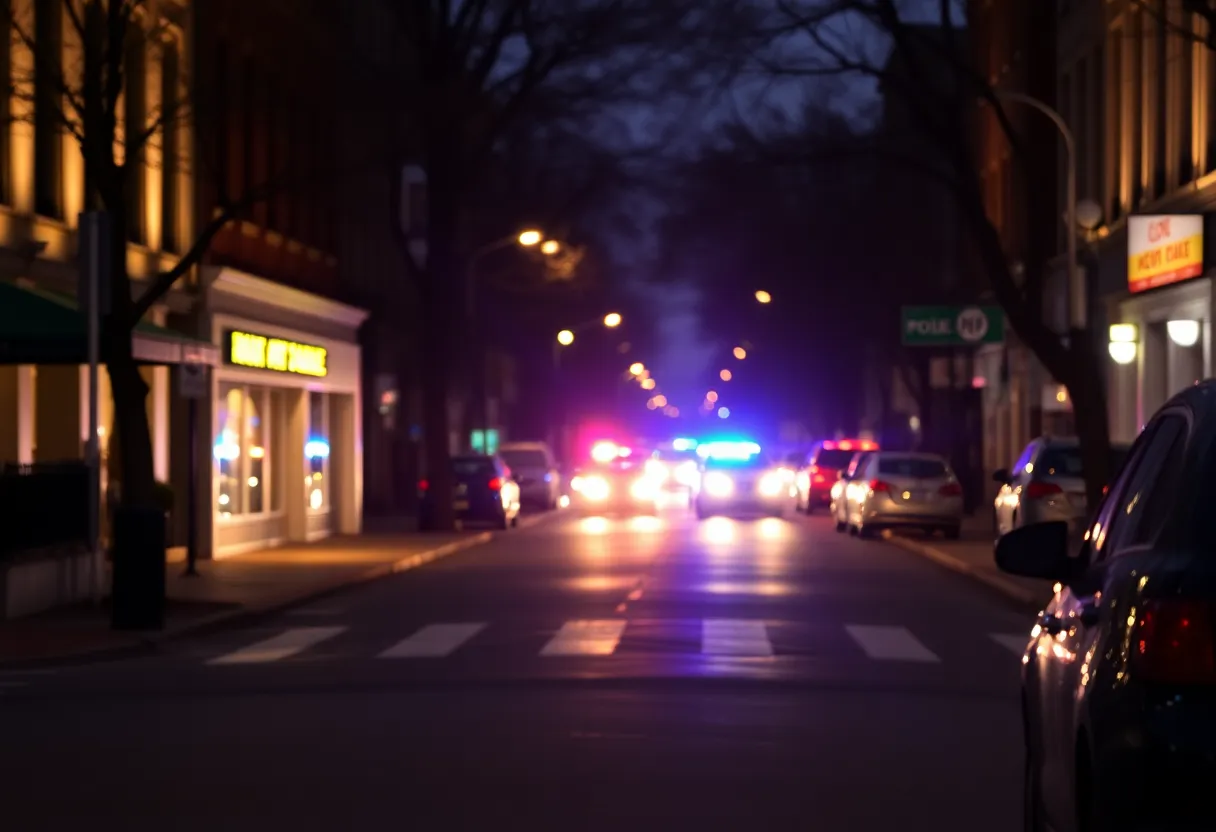 Police lights illuminating a street in Washington D.C. during a crime investigation.