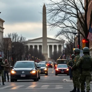 National Guard troops patrolling in Washington DC amidst civilian areas.