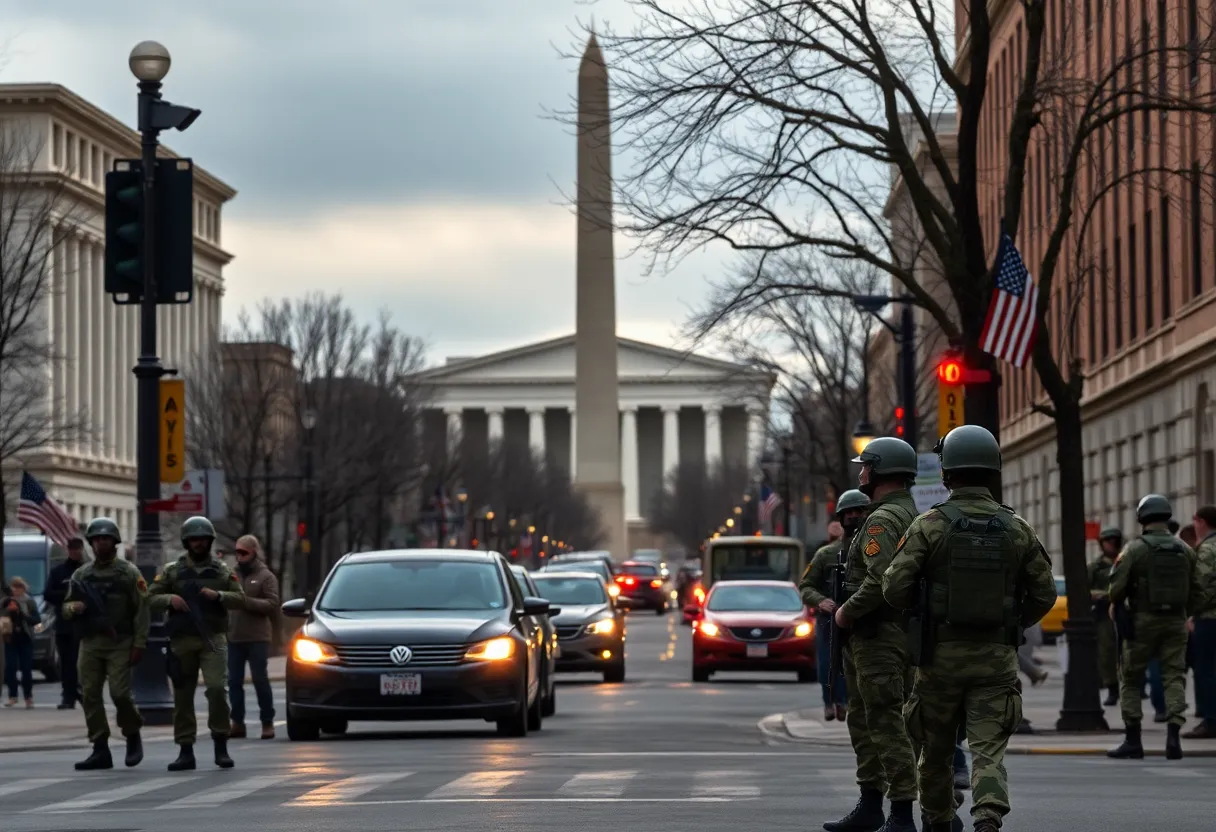 National Guard troops patrolling in Washington DC amidst civilian areas.
