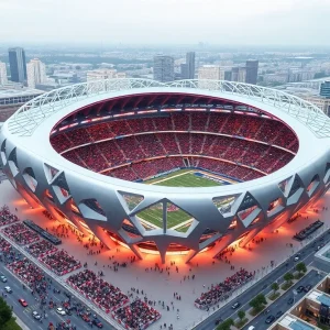 Conceptual image of the new Washington Commanders stadium with fans and surrounding developments.