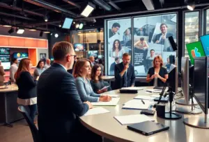 Colleagues collaborating in a busy newsroom