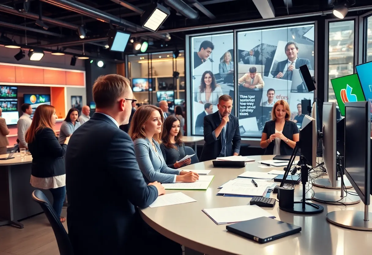 Colleagues collaborating in a busy newsroom