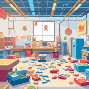 Illustration of a board game workshop representing financial struggles of game manufacturers.
