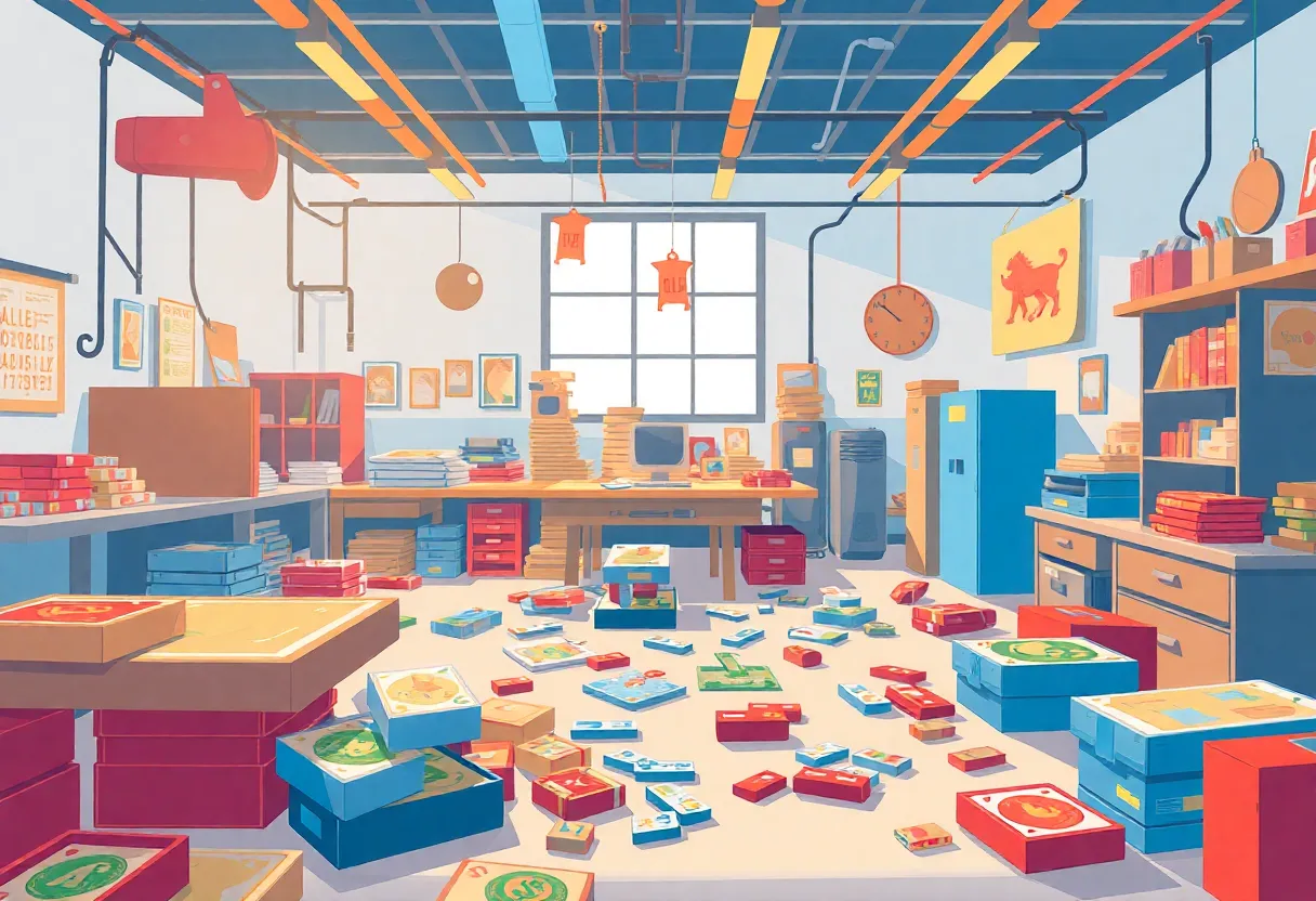 Illustration of a board game workshop representing financial struggles of game manufacturers.