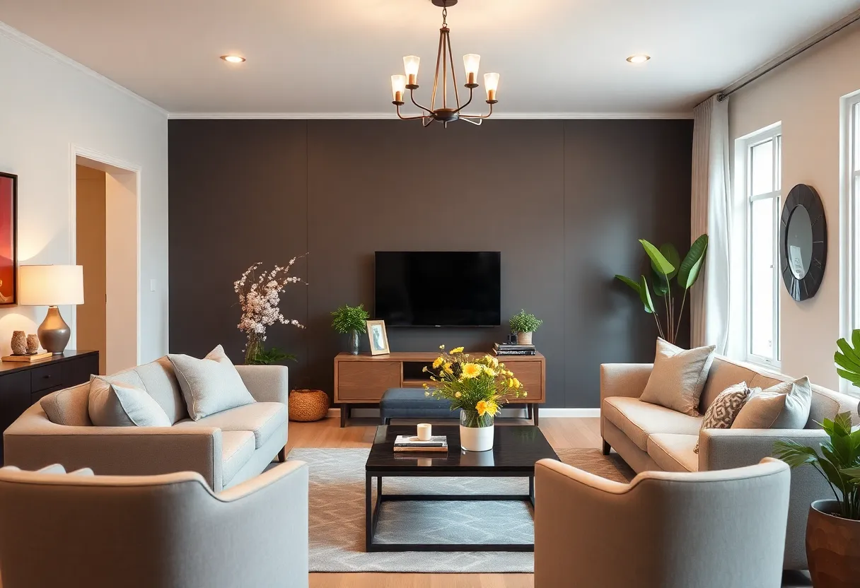 A beautifully staged living room at an open house