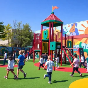 Children playing on the new playground at The Children’s Guild DC Public Charter School