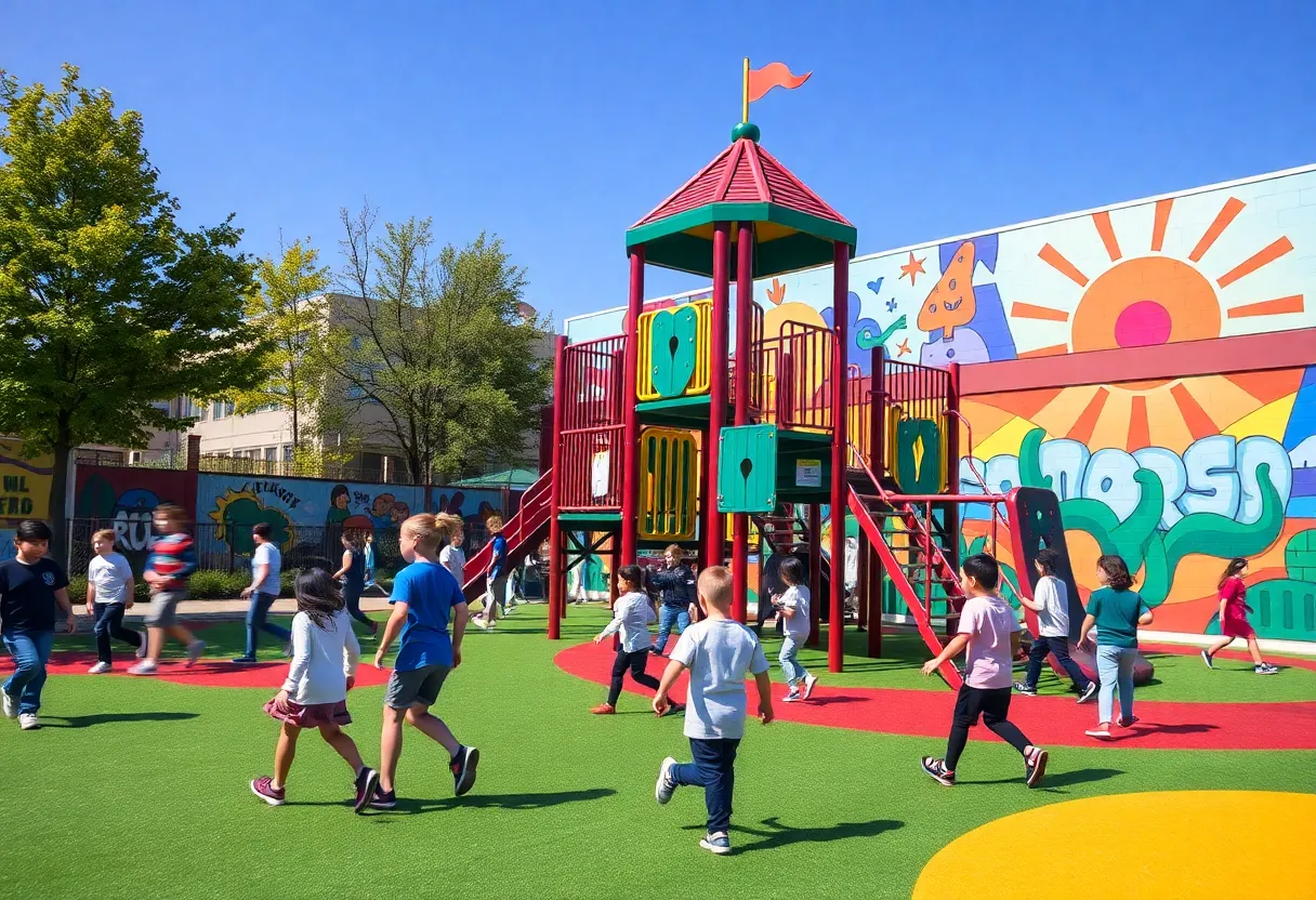 Children playing on the new playground at The Children’s Guild DC Public Charter School