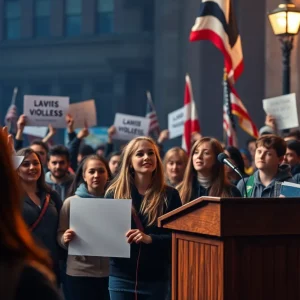 A crowded university auditorium during a political event showing expressions of shock and concern.