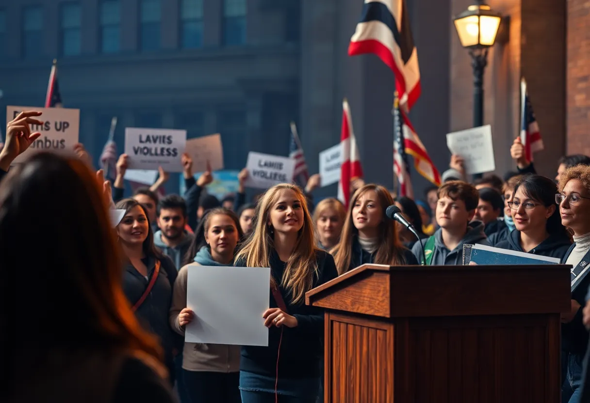 A crowded university auditorium during a political event showing expressions of shock and concern.