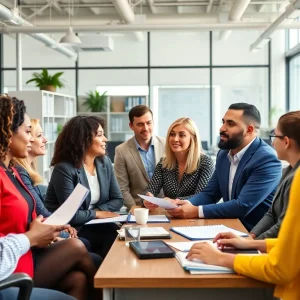 A group of small business owners collaborating in an office about regulatory issues.