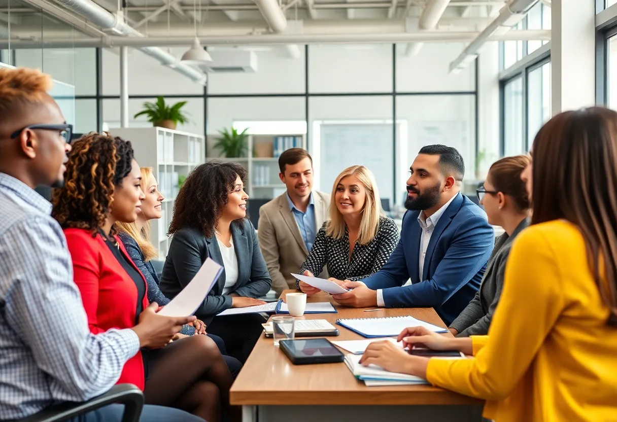 A group of small business owners collaborating in an office about regulatory issues.