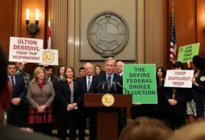 Local leaders at a press conference opposing federal troops in Seattle
