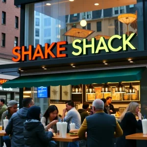 Customers enjoying food at Shake Shack in a city environment