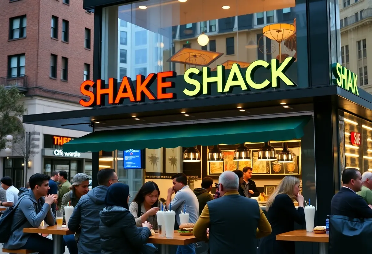 Customers enjoying food at Shake Shack in a city environment