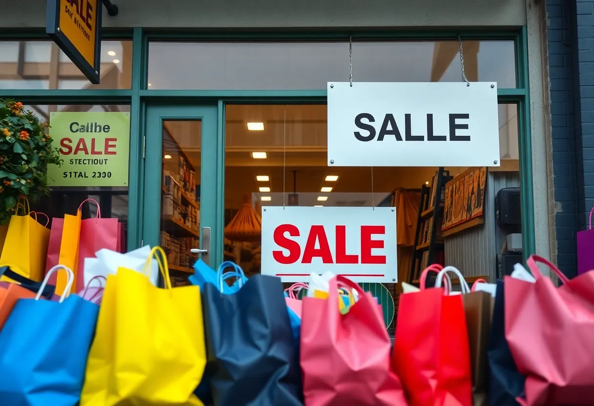 Colorful small business storefront showcasing products and a sale sign.