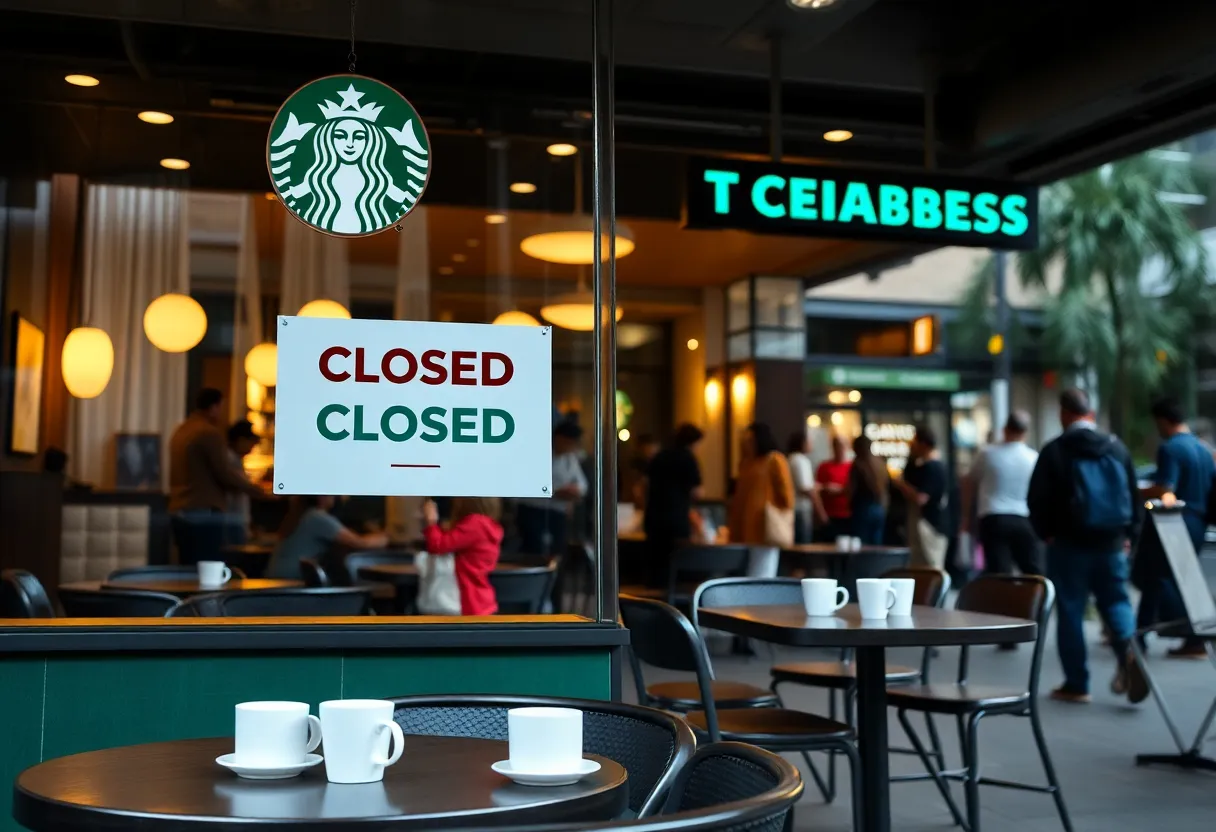Starbucks coffee shop with a closure sign on the window